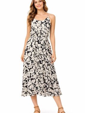 Spaghetti-Strap Black & Cream Floral Midi Dress